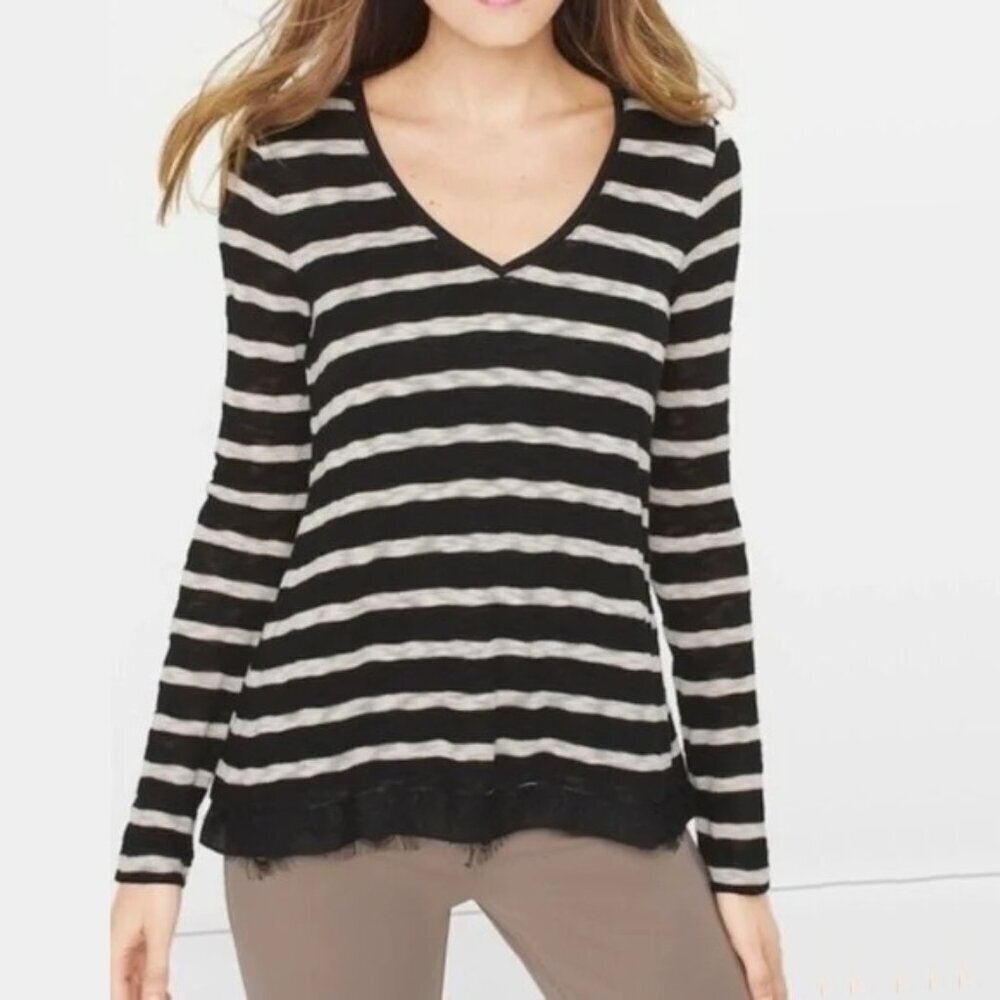 2/$30 WHBM Long Sleeve V-Neck Striped Lace Underlay Sweater XS #8936